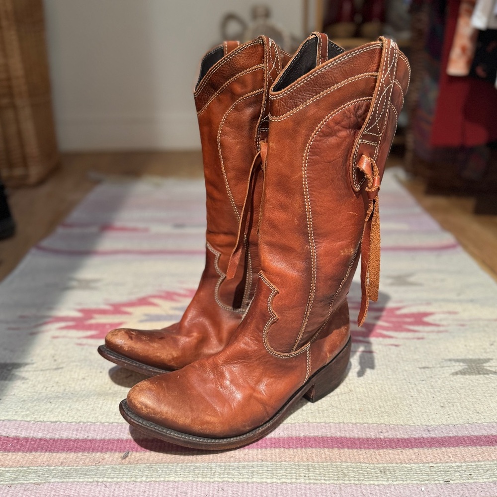 Authentic Mexican Leather Cowboy Boots | Brown Fringe Boho Western Boot 7.5